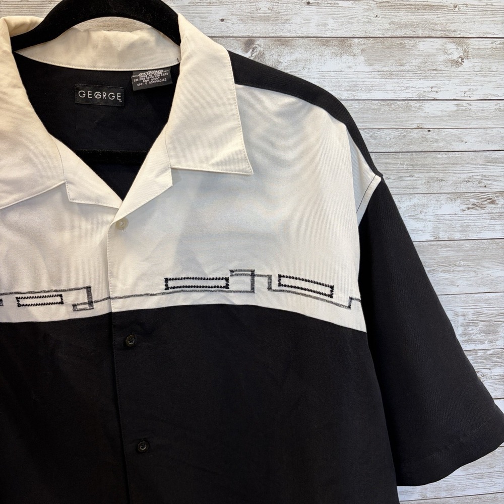 Vtg Y2K George Mens L (42/44) Shirt Black Ivory Bowling Geometric Embroidered